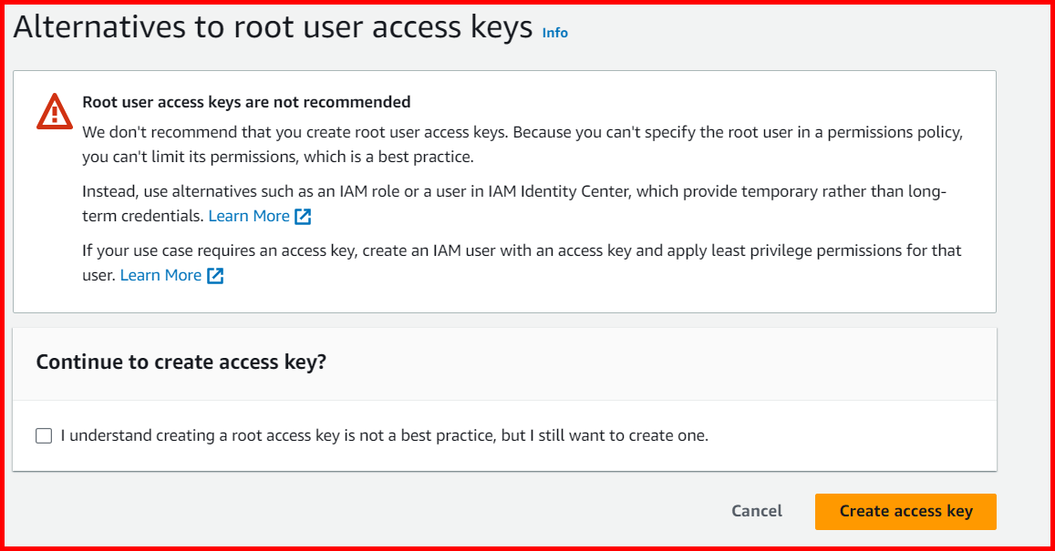 Picture showing the Create access keys button for creating the access keys
